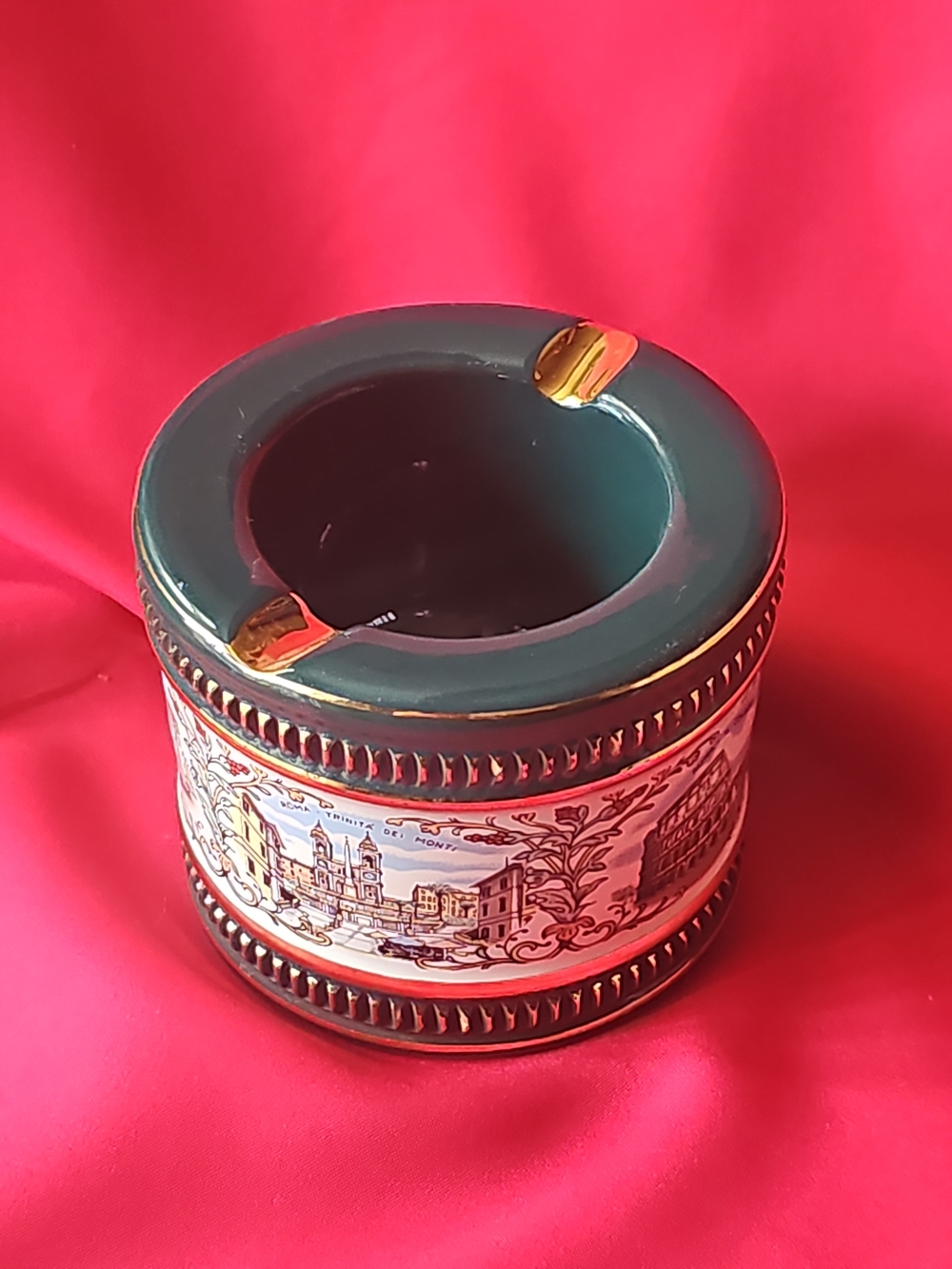 Teal Green Decor Ceramic Ashtray / Candle Holder with Scenic Scenes Gold Trim